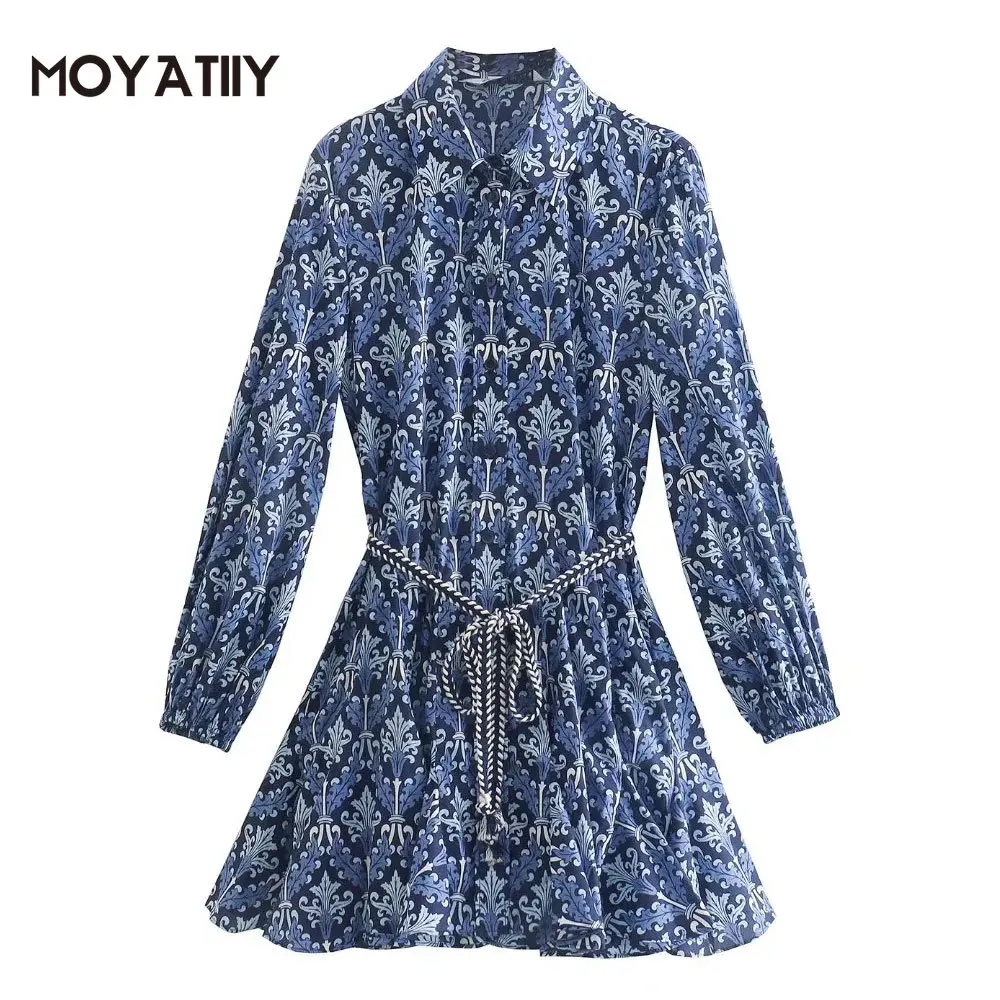 

MOYATIIY Women 2022 Fashion Floral Mini Dress Retro Print Ruffle Wave Dresses with Slash Long Sleeve Female Vestidos