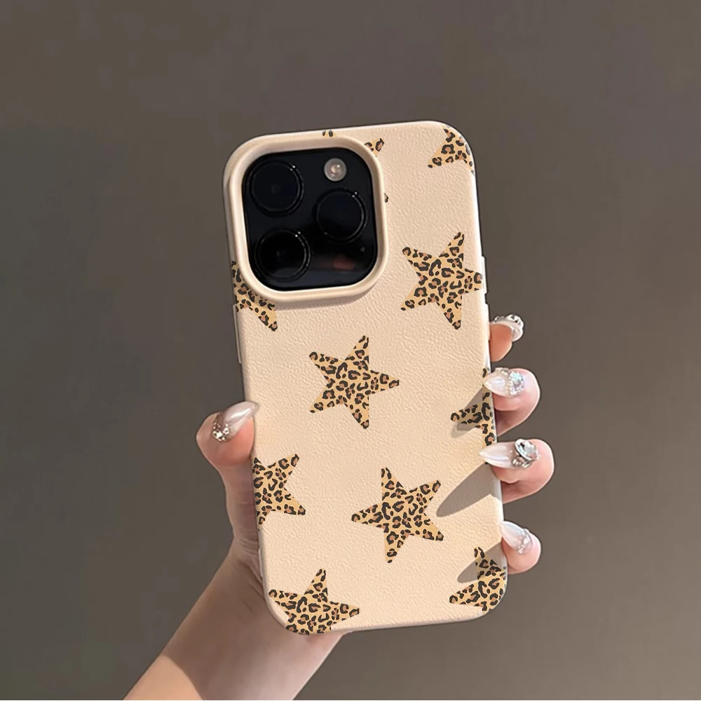 Фото Чехол из кожи личи с принтом дикого леопарда и звездным дизайном для iPhone 17 Air 16 15 14 13 12 11 Pro Max Plus X, стильная защита. №4