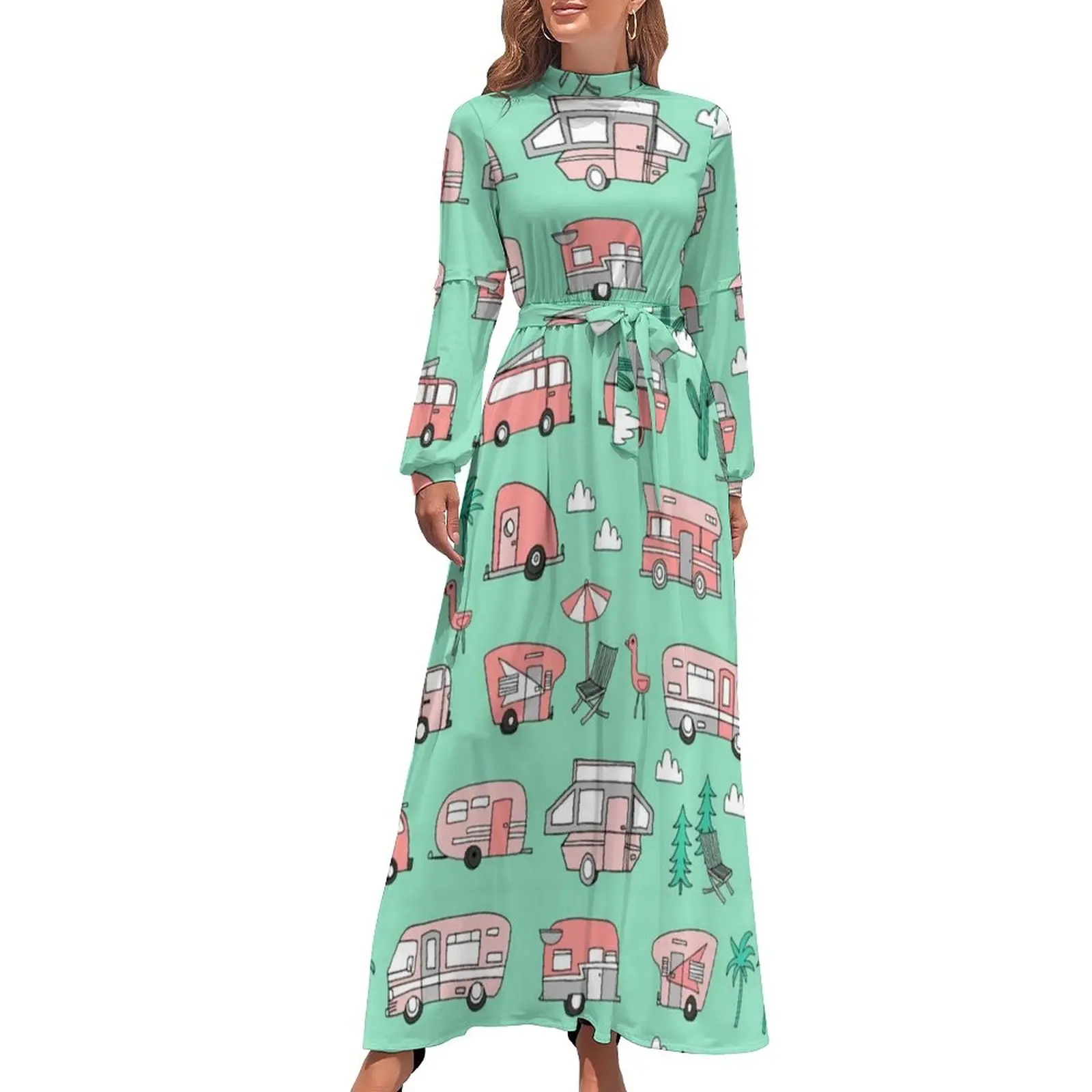 

Camper Vacation Dress RV Hipster Road Trip Cute Graphic Maxi Dress High Neck Long Sleeve Aesthetic Boho Beach Long Dresses