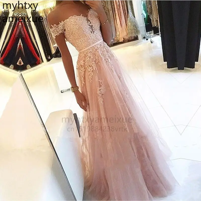 

2022 Elegant Shoulder Custom Evening Dresses Appliques Tulle Skirt Long Prom Blush Pink Formal Party Gowns Robe De Soiree