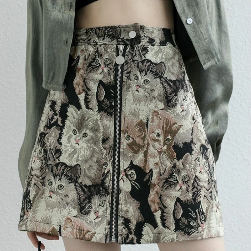 

Harajuku Women Cat Pattern Skirts Korean High Waist A-Line High Waist Vintage Cartoon Streetwear Female Skirt