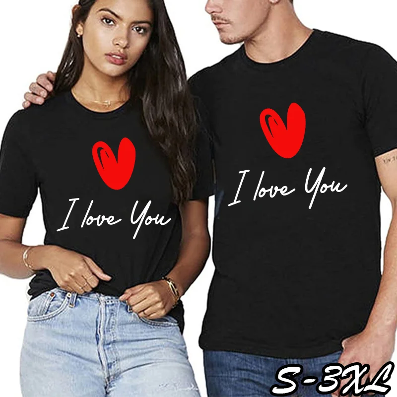 

Модные новые парные рубашки с коротким рукавом с принтом I LOVE YOU, мужские и женские футболки, повседневные парные футболки
