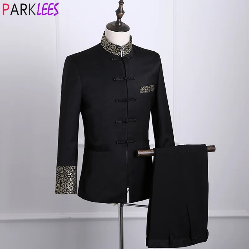 Luxury Gold Floral Embroidery Dress Suit Men Stand Collar Chinese Style Suits with Pants Mens Wedding Groom Dinner Tuxedo Suit