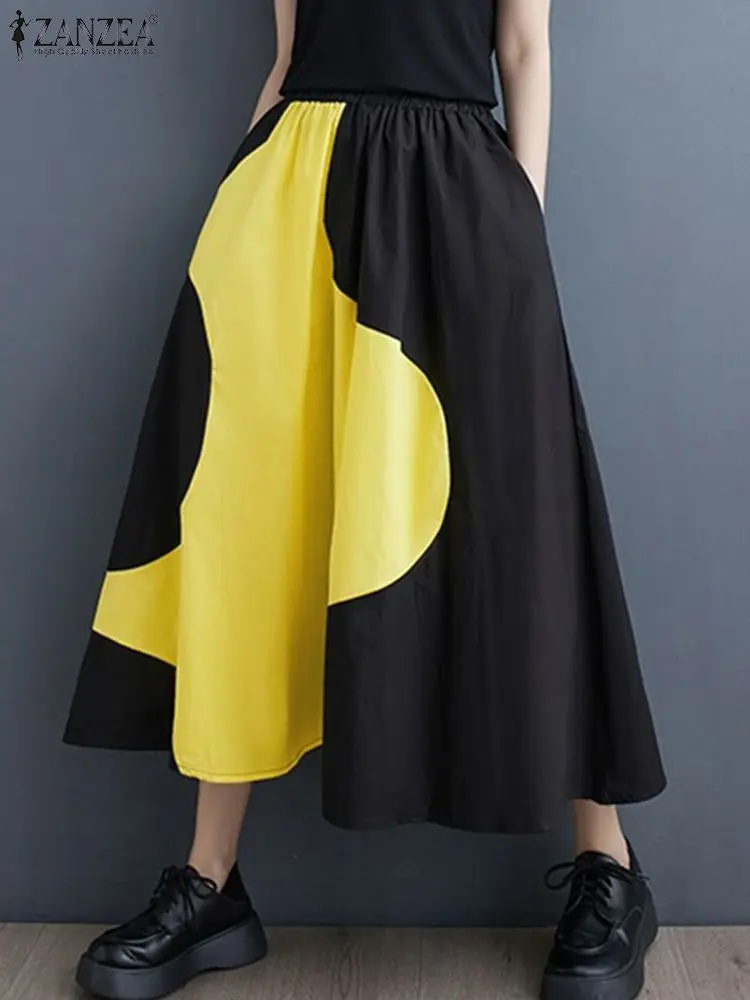 Осенняя модная Лоскутная юбка ZANZEA Корейская трапециевидная Женская макси с