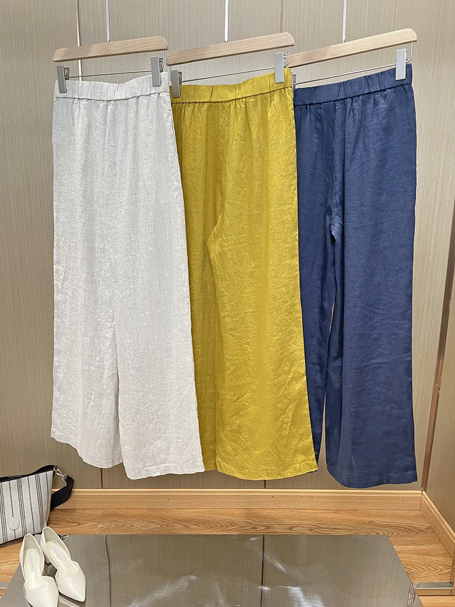 

Women's Linen Trousers 3 Colors Loose Middle Waist Casual Female Wide Leg Long Pants 2022