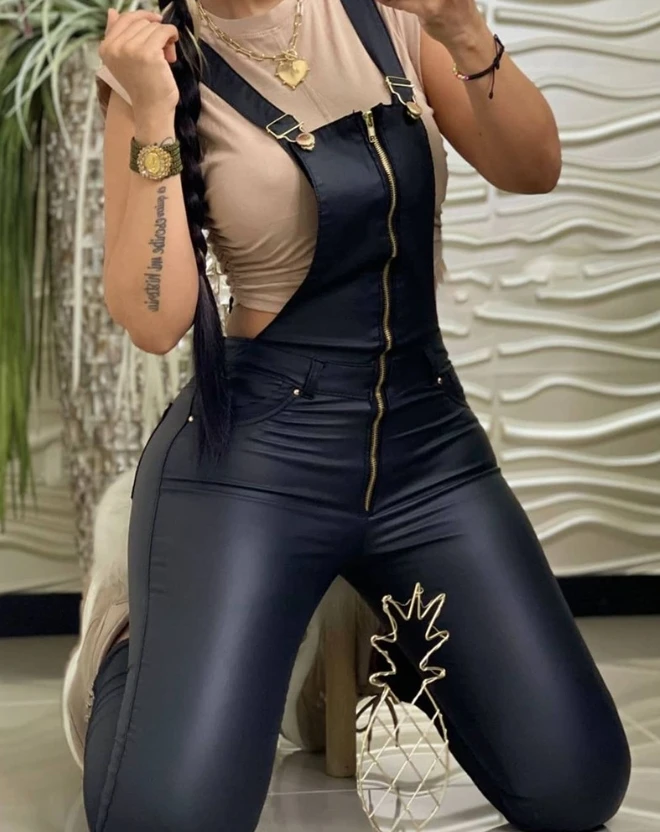 

Casual Sleeveless Square Neck Pu Leather Zipper Pocket Design Suspender Jumpsuit Fashion Overalls Clothes for Women Bodysuit