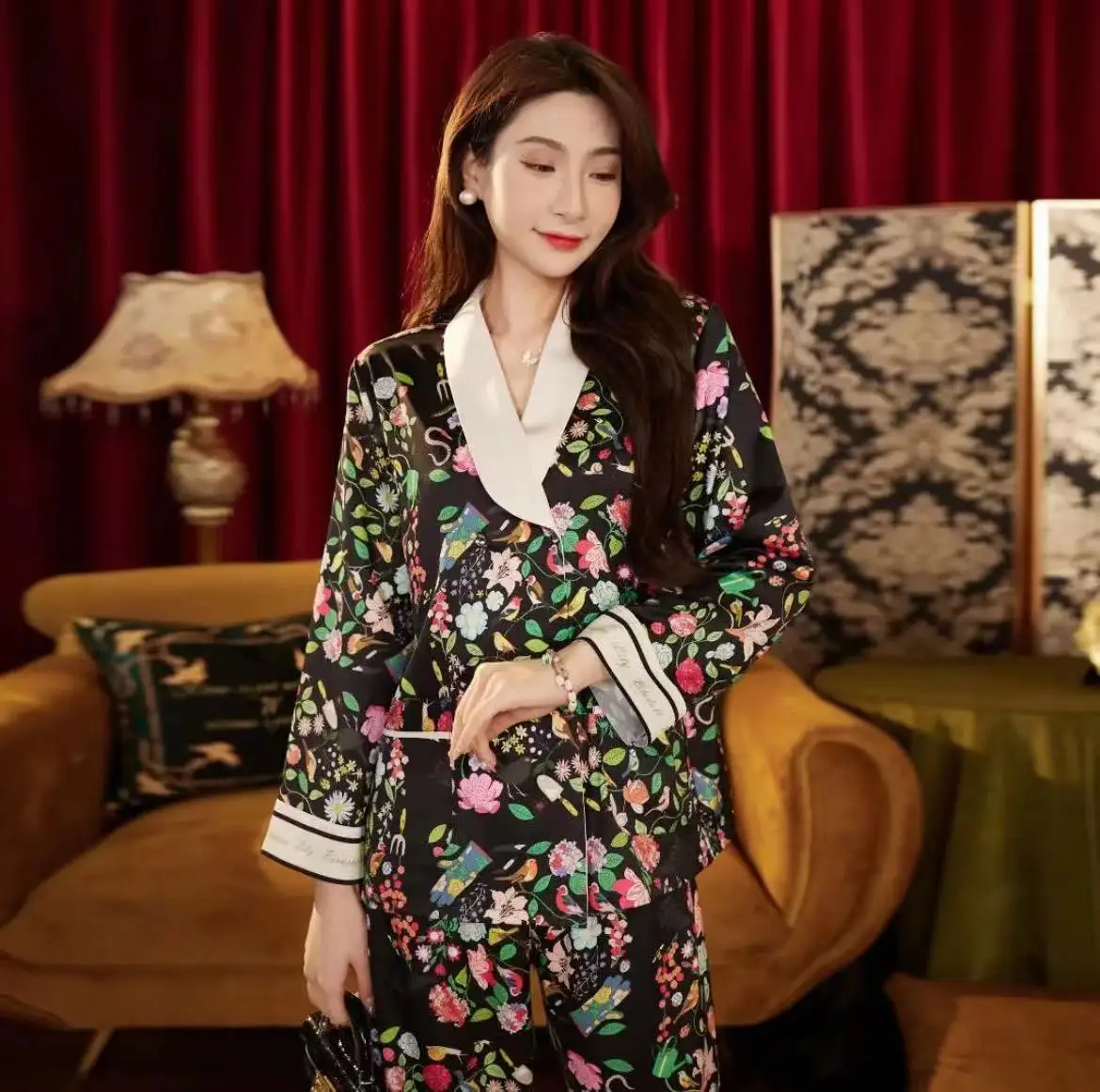 Women Pajamas Turndown Collar Pocket Long Sleeve Casual Pants 2 Piece Sleepwear Female Home Suit Sets Nightwear