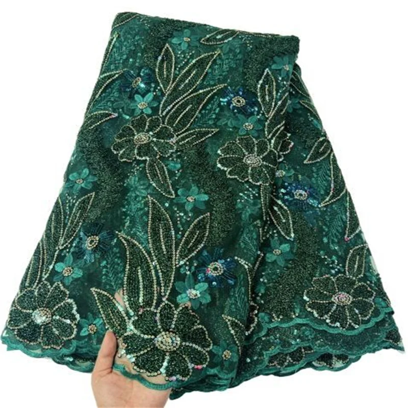 

2022 Green/Gold Luxury Laser-3d Sequence African Lace Fabric 5 Yards High Quality Nigerian Wedding Asoebi French Lace Material