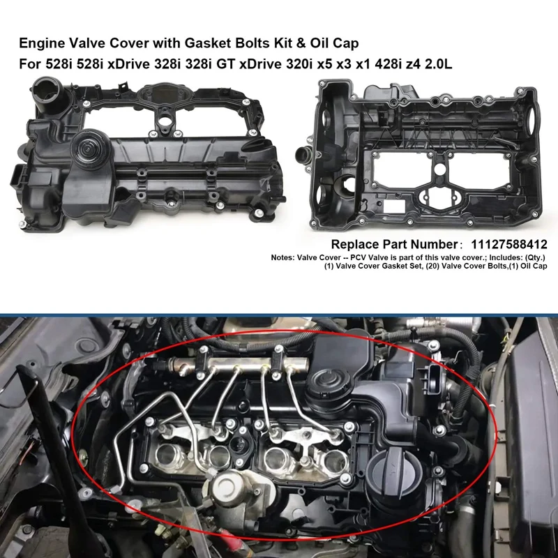 

Engine Valve Cover With Oil Cap Gasket Bolts Kit For BMW N20 320I 328I 528I X3 X5 X1 Z4 2.0L 2012-2018 11-12-7-588-412