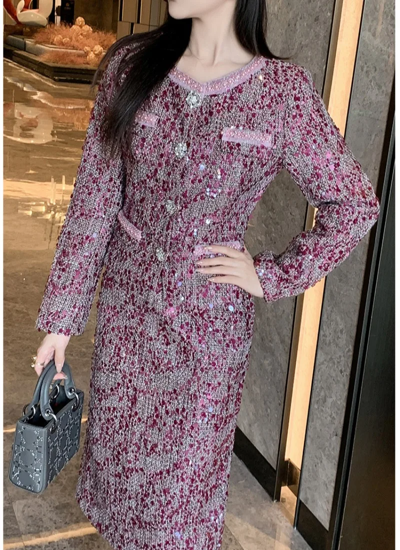 Уличная одежда Элегантный красный твидовый комплект из 2 предметов Женский