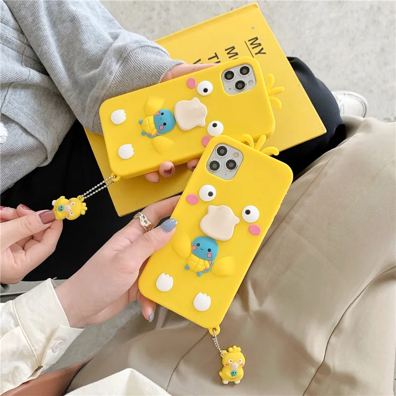 

Cute Cartoon fun Duck 3D Case For iphone 13 12 11 Pro XS Max XR X SE2 7 8 Plus luxury Soft silicone Phone cover With Lanyard kid