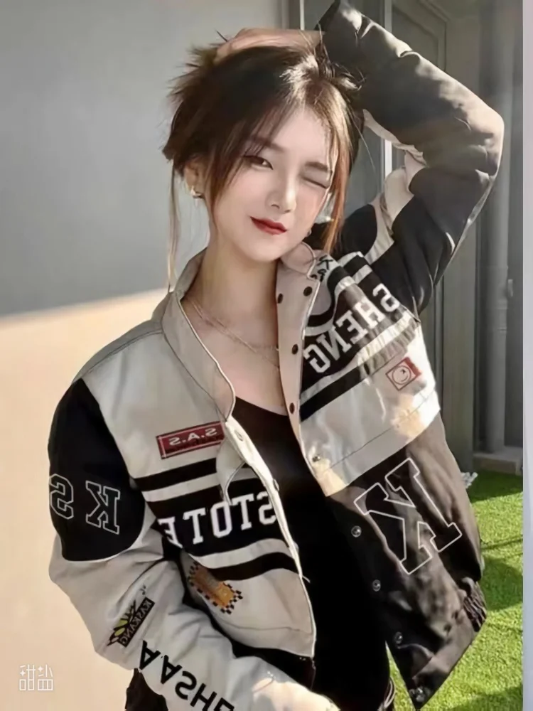 

American Street Long Sleeve Print Jacket Women Summer E-Girl Crop Top Baseball Jackets Y2k Grunge Detachable Moto&Biker Coats