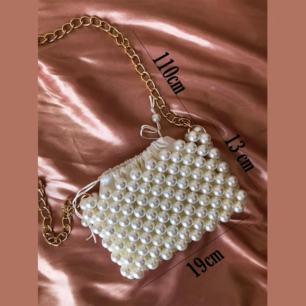 Women's Bag Cream Color Beaded Luxury Shoulder Strap Chain Lined Stylish Design Handmade Gift for Girl Knitted Purse 2021 Pearl