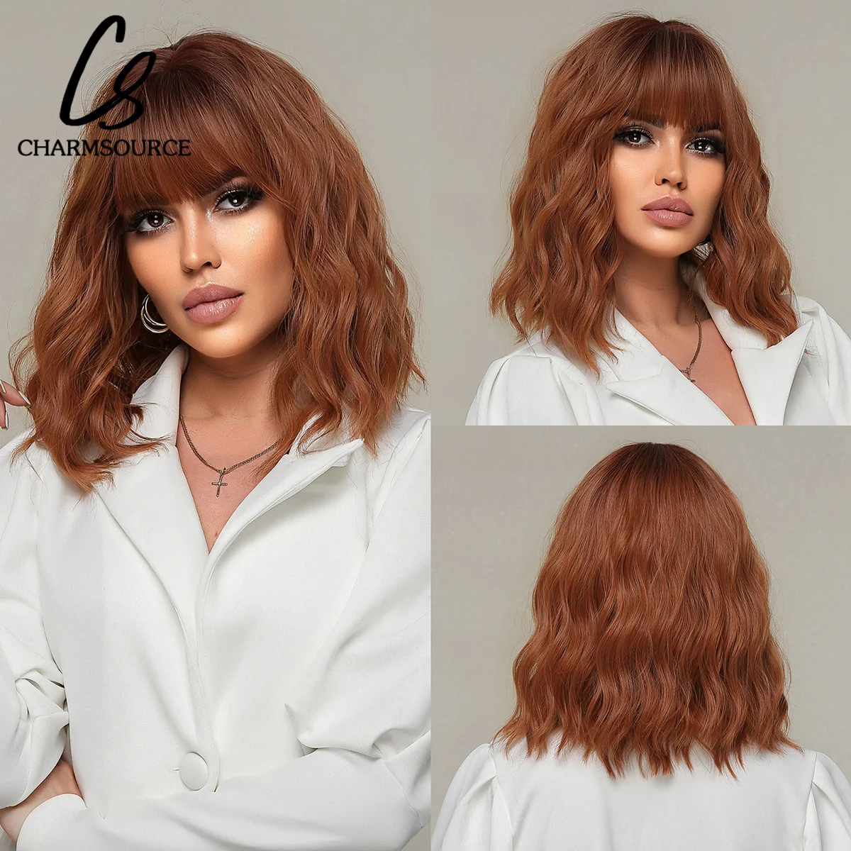 

Curly Bob Synthetic Wigs with Bangs Orange Reddish Brown Short Medium Length Wig for Women Wavy Bobo Hair Cosplay Daily Party