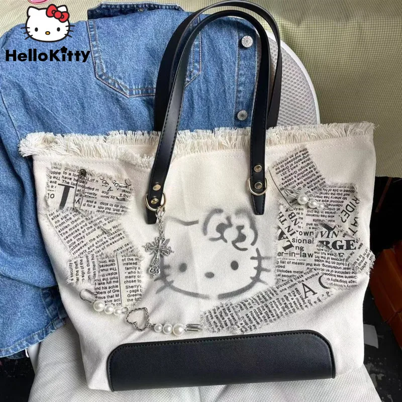 

Hello Kitty Bag Embroidered Canvas Shoulder Bag Graffiti KT Cat Tote Bag Casual Special-Interest Design Cute Y2K Girl Bag