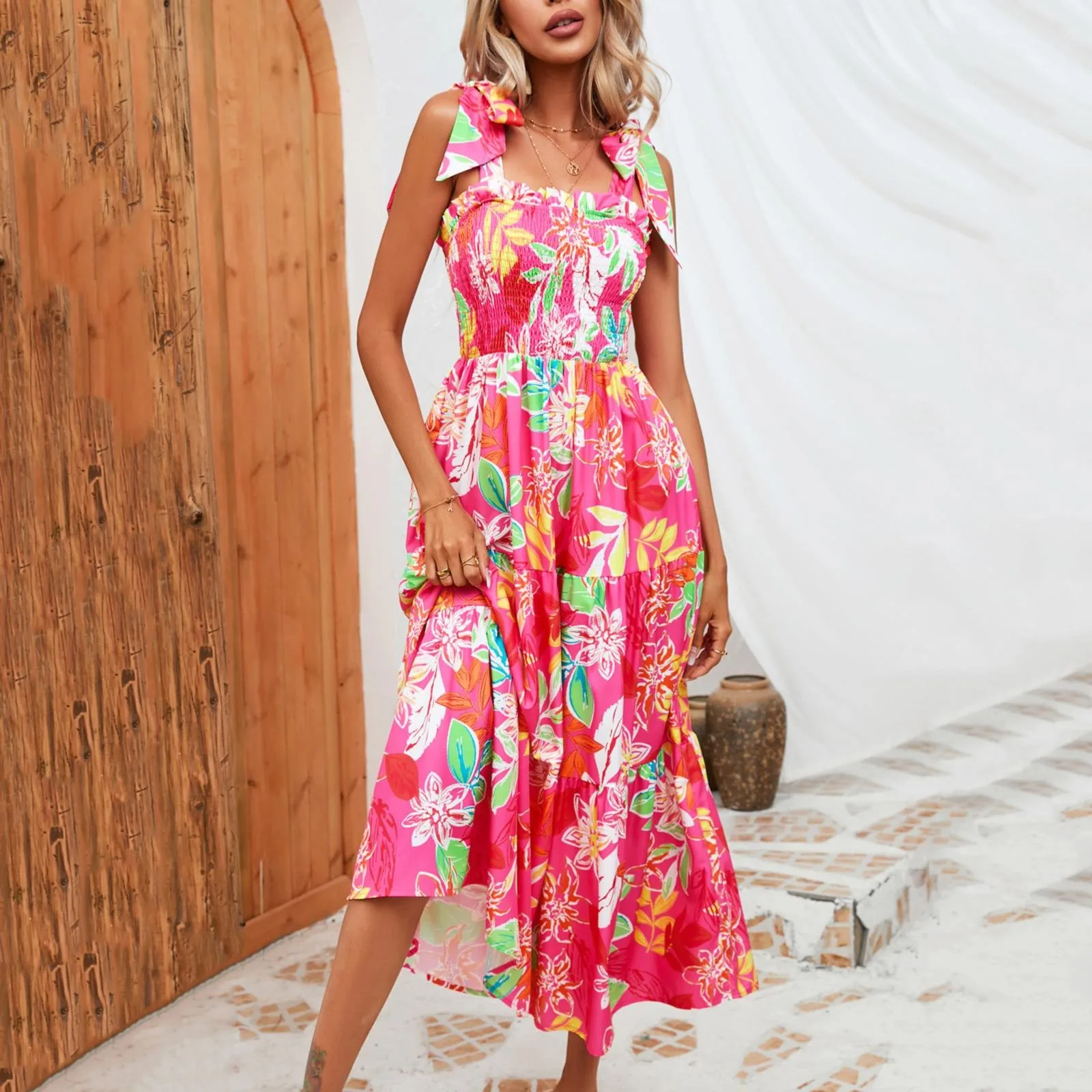 

Летнее женское богемное Платье с принтом листьев, платье на бретельках, без рукавов, с V-образным вырезом, женские милые пляжные платья для женщин