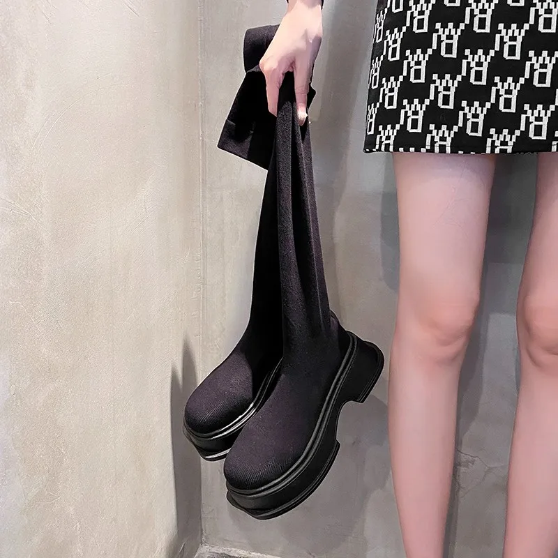 Women Leather Shoes Spring Winter High Platform Heels Elasticity Motorcycles Black Boots Goth Thigh High Boots Platform Shoes