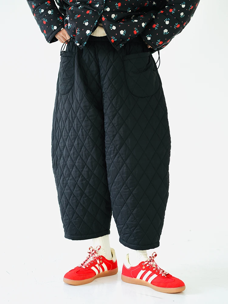 imakokoni original design elastic waist warm cotton pants black autumn/winter casual fashion pants pants for women