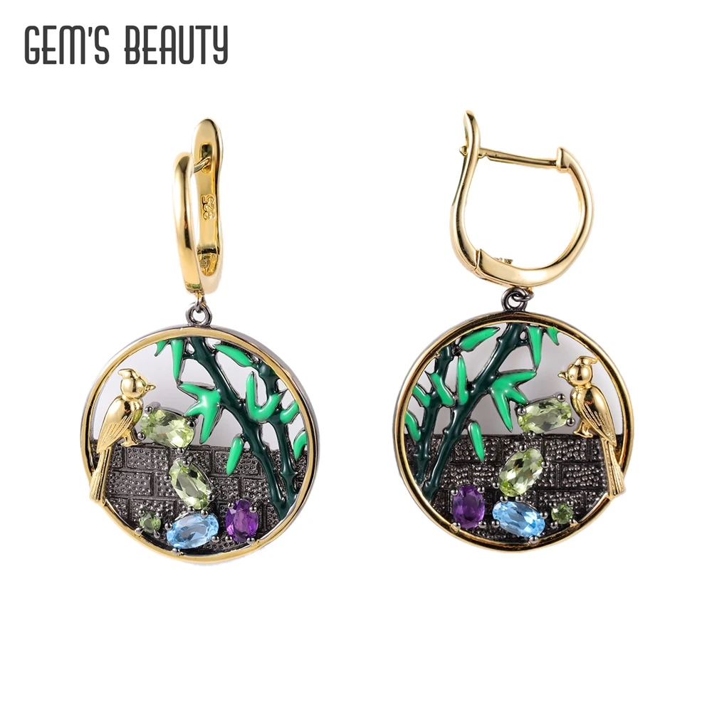 

GEM'S BEAUTY Real 925 Sterling Silver Earrings Designer Fine Jewelry Bird Bamboo Natural Peridot Dangle Earrings For Women