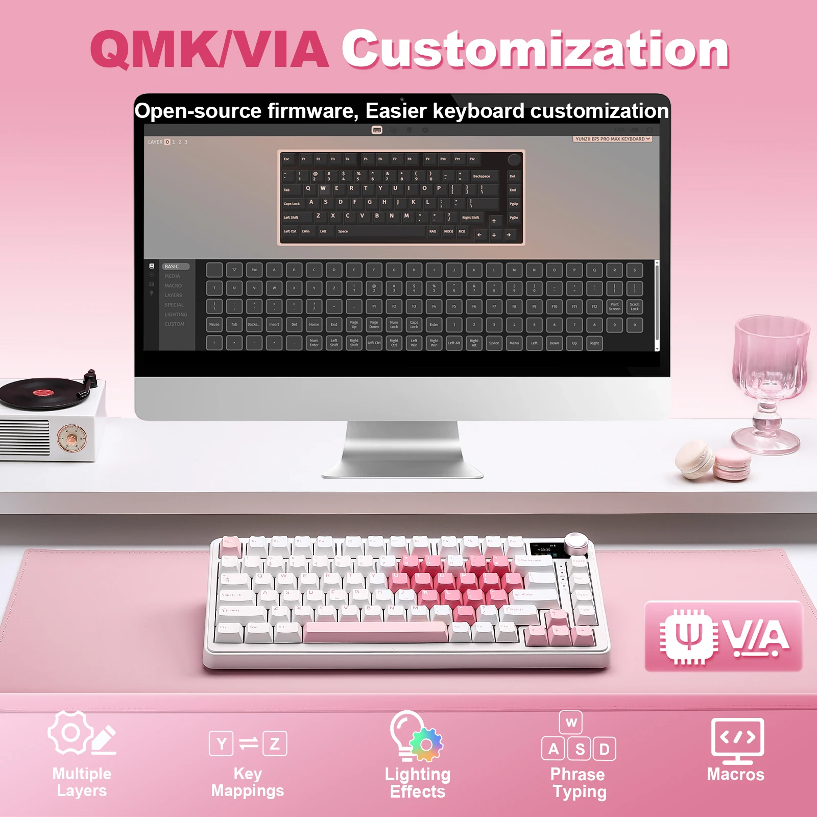 Фото Беспроводная механическая клавиатура YUNZII B75 PRO MAX, игровая клавиатура QMK/VIA Custom 75% с экраном и ручкой, кремовые звуки для Win/Mac №4