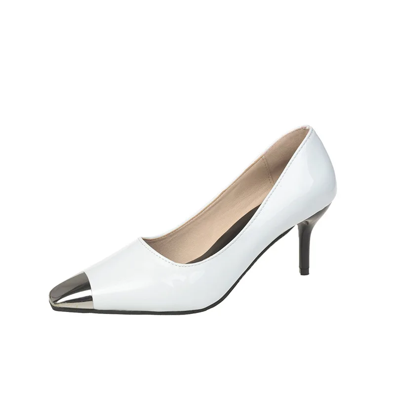 

High Heels Women's Spring and Autumn New Metal Small Square Toe Shallow Mouth Patent Leather High Heels Stiletto Women's Shoes