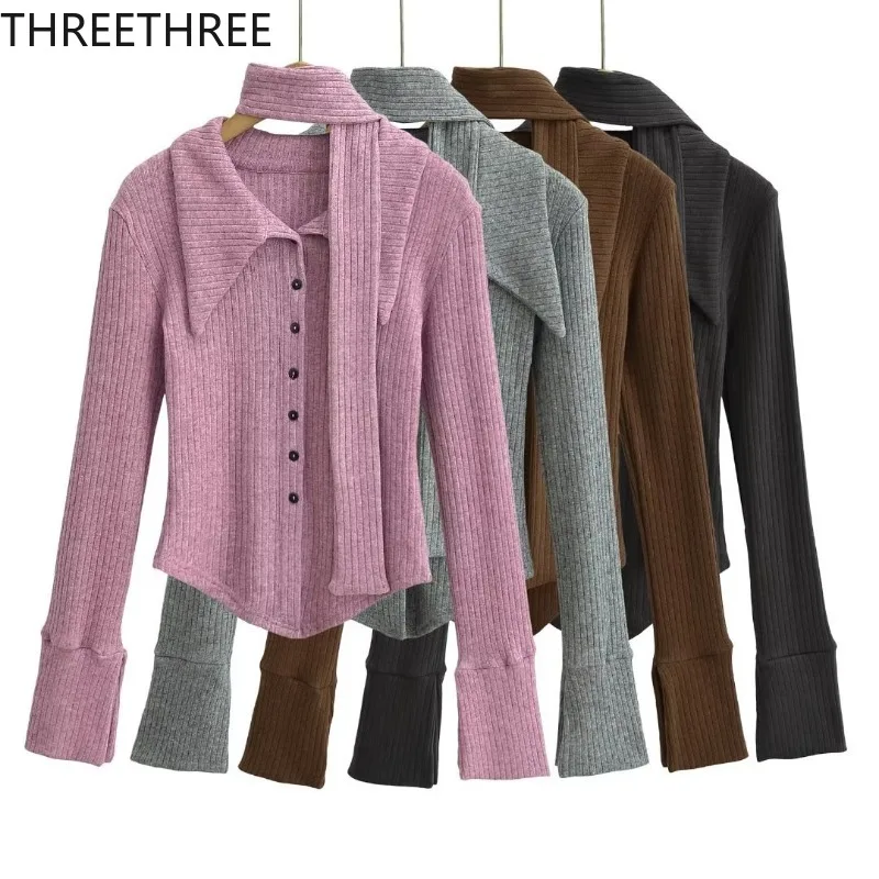 

Осень 2023, женские укороченные топы, винтажные корейские Ретро-топы в стиле High Street, мягкая трикотажная куртка с шарфом, топы