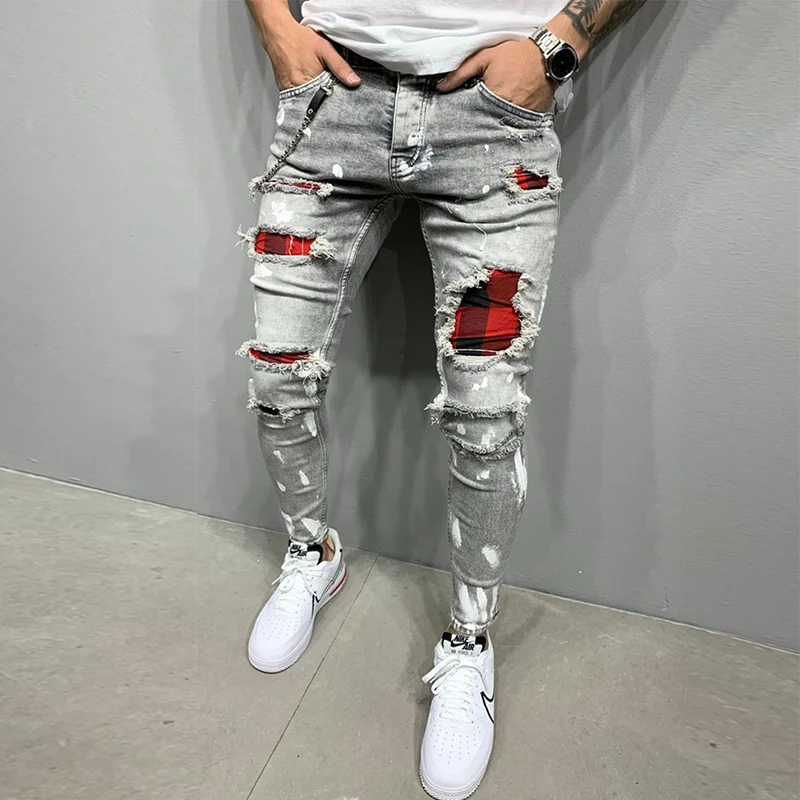 New Men Skinny Ripped Jeans Fashion Grid Beggar Patches Slim Fit Stretch Casual Denim Pencil Pants Painting Jogging Trousers