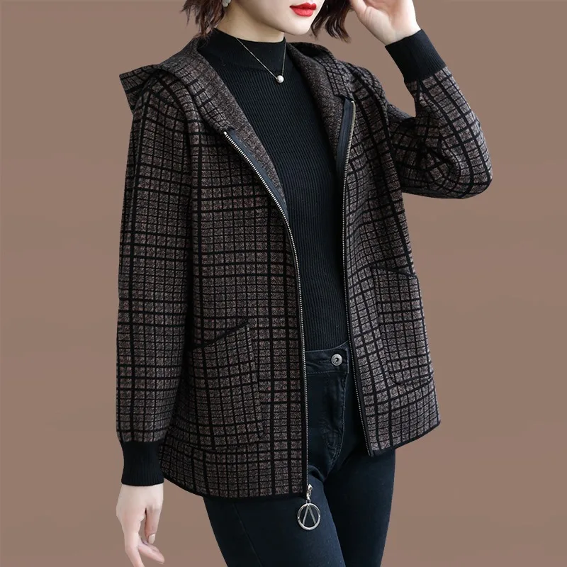 

2023Casual tweed coat, Autumn New Women's Thousand Bird Plaid Knitted Cardigan Loose Hooded Coat Women's Foreign Style Short Zip