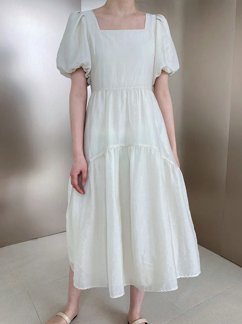 

Винтажное женское Сетчатое платье, корейское вечернее платье миди с пышными рукавами и квадратным вырезом, летние платья для женщин