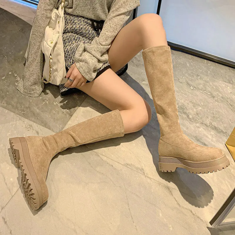 

Замшевые ботинки цвета хаки из натуральной коровьей кожи, телесного цвета, на платформе, Стрейчевые ботинки, зимние теплые мягкие женские с...