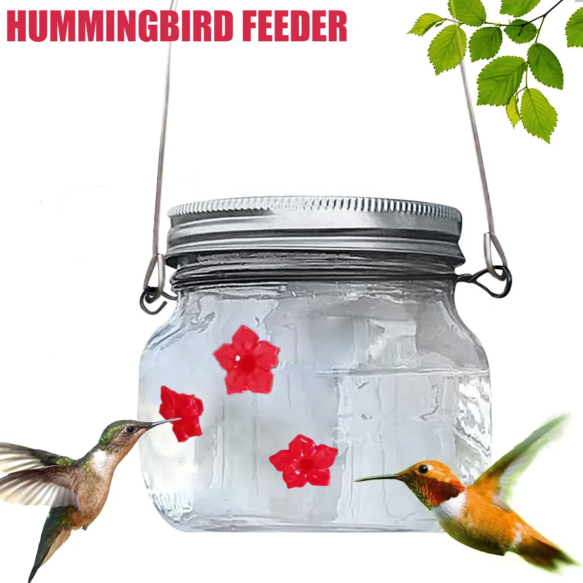 With 3 Red Feeding Ports Durable Plastic Glass Jar Bird Feeder Outdoors Garden Hanging Bird