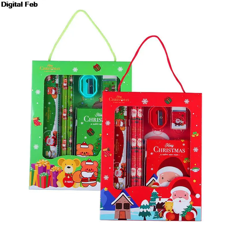 

6Pcs/set Christmas Series Kids Stationery Students Ruler Pencil Eraser Pencil Sharpener Notepad Kit School Rewards Supplies