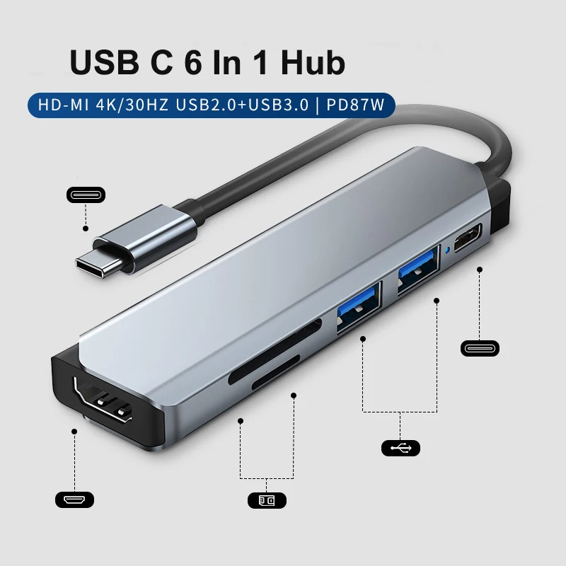 

USB C 6 In 1 Docking Station Hub Type C To HDMI-compatible PD USB3.0&2.0 SD/TF Card Reader Adapter For MacBook Air MateBook Pro