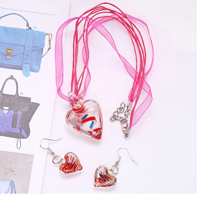 

New style 2Pcs Heart Pendant Choker Necklaces with Murano Glass Heart Dangle Earring