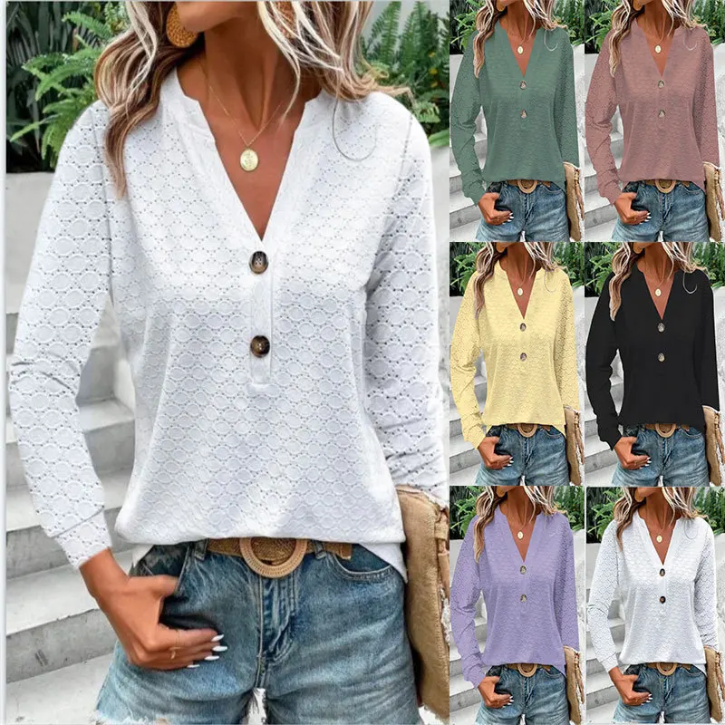 

Autumn Blouses For Women 2023 New Winter Fashion Casual Solid Colors Button V-Neck Long Sleeve Shirts Women White Top Pullovers
