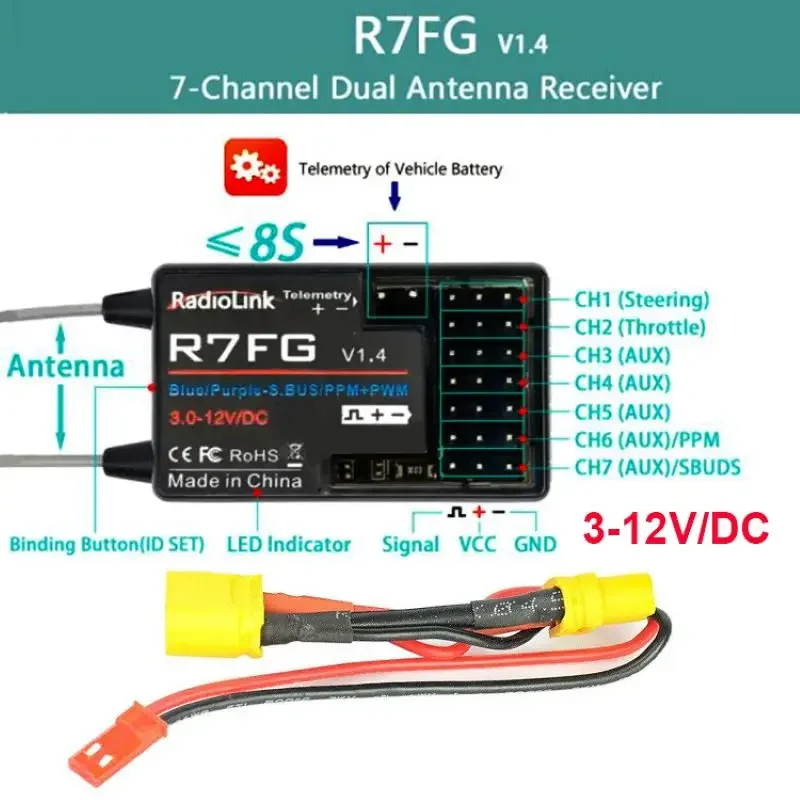 RadioLink R7FG 2 4 ГГц 7-канальный двойной антенный приемник Высоковольтная встроенная