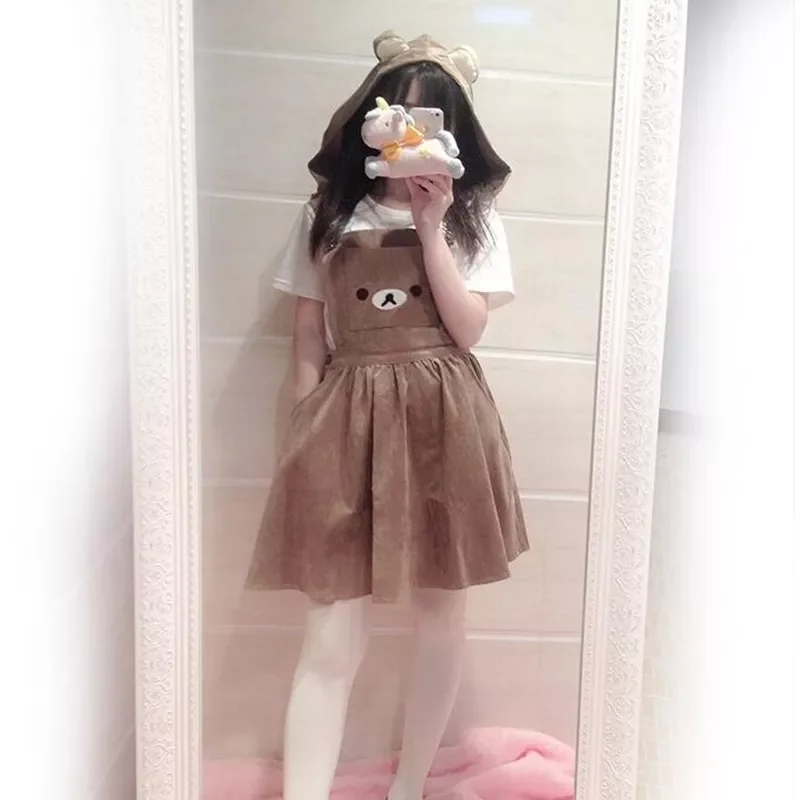 

Женское платье Kawaii Rilakkuma, платье с вышивкой медведя, комбинезон Лолиты, Бандажное платье, летнее вельветовое платье (со съемным капюшоном) | d