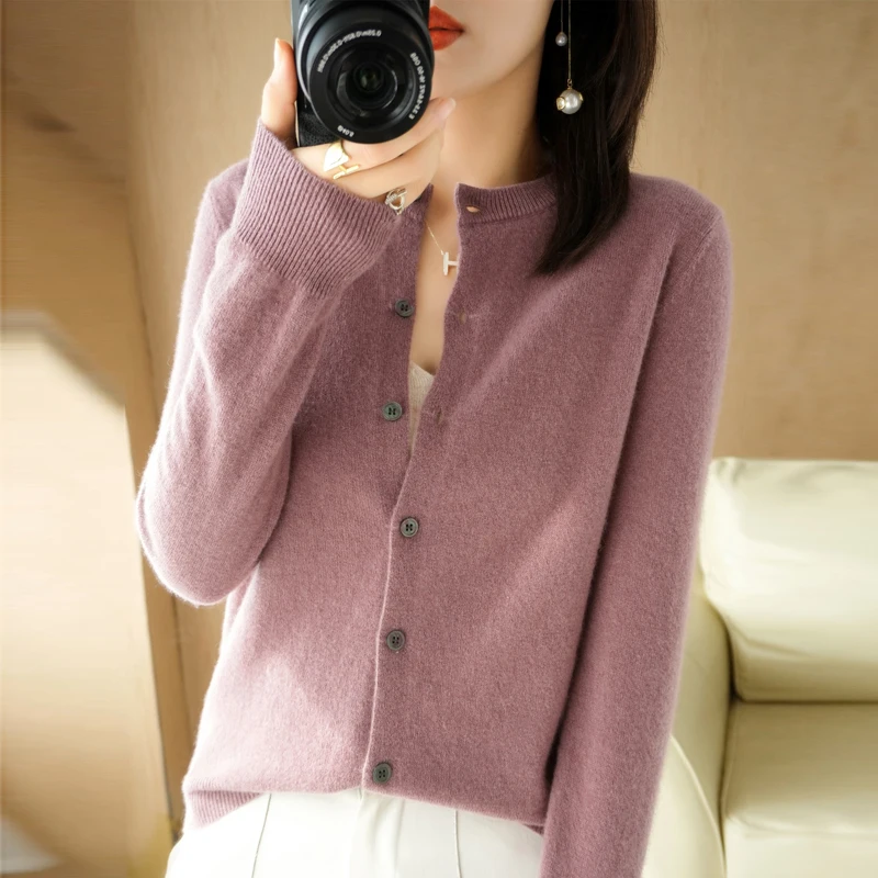 2022 Cashmere Cardigans Women's O-neck Single Breasted Lady Knitwear Tops Solid  Femme Cardigan
