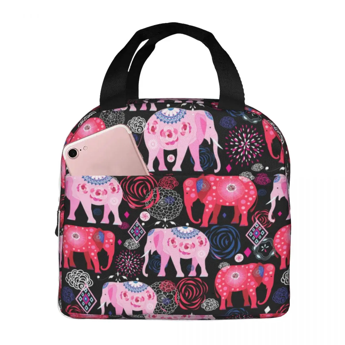 Bohemian Mandala Elephant Lunch Bag Portable Insulated Oxford Cooler Pink Thermal Cold Food School Lunch Box for Women Children