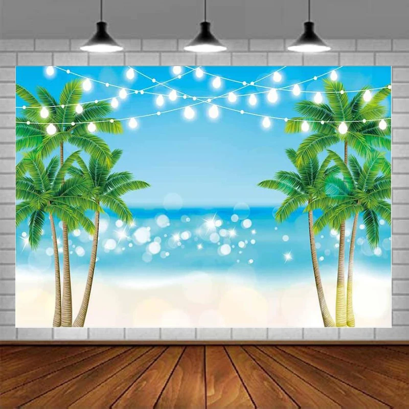 

Summer Tropical Beach Photography Backdrop Glitter Bokeh Seaside Island Palm Trees Background Blue Sea Sky Luau Party Decoration