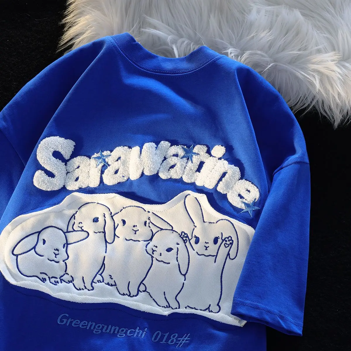 

Cotton Cute Rabbit Short Sleeve T-shirt for Men and Women Summer Niche Design Versatile College Style Couple Costume Top