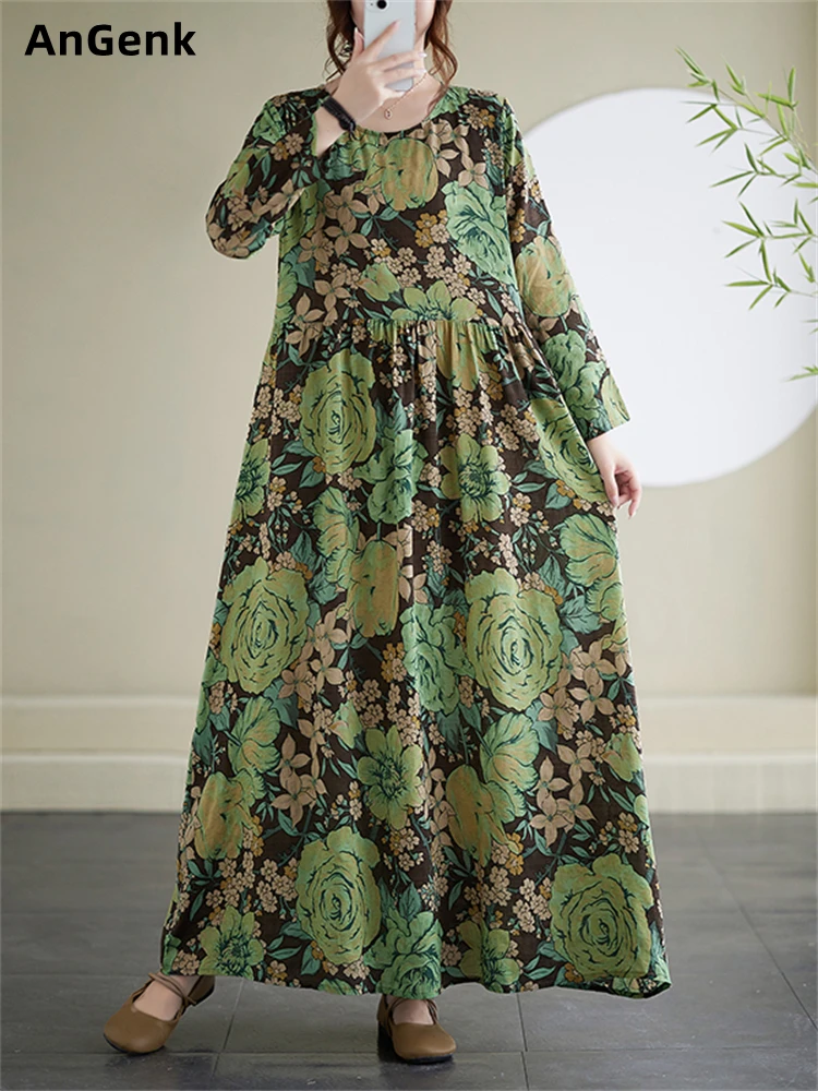 Женское винтажное платье с цветочным принтом длинное хлопковое свободного