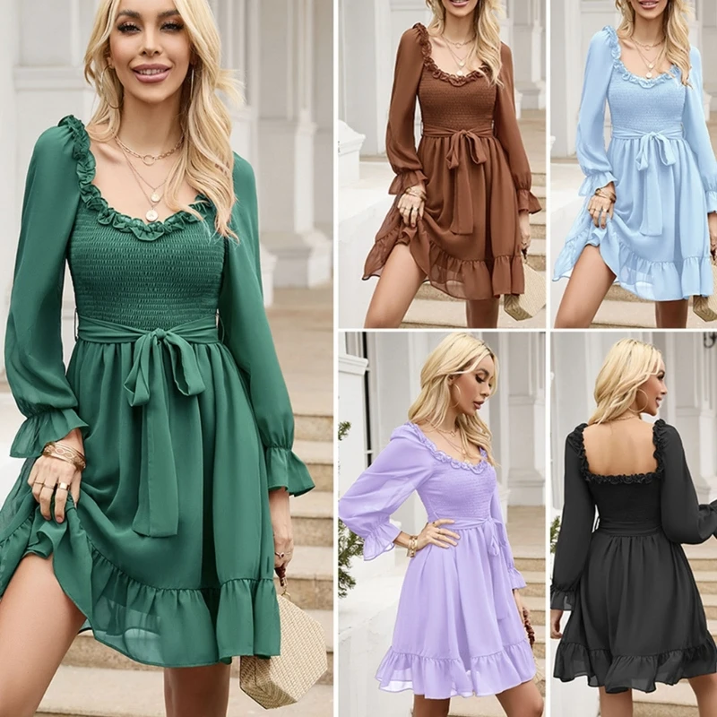 

2023 New Womens V-Neck Smocked Flowy Short Dress Puff Long Sleeve Vintage Chiffon Ruffled Hem Swing A-Line Dresses with Belt