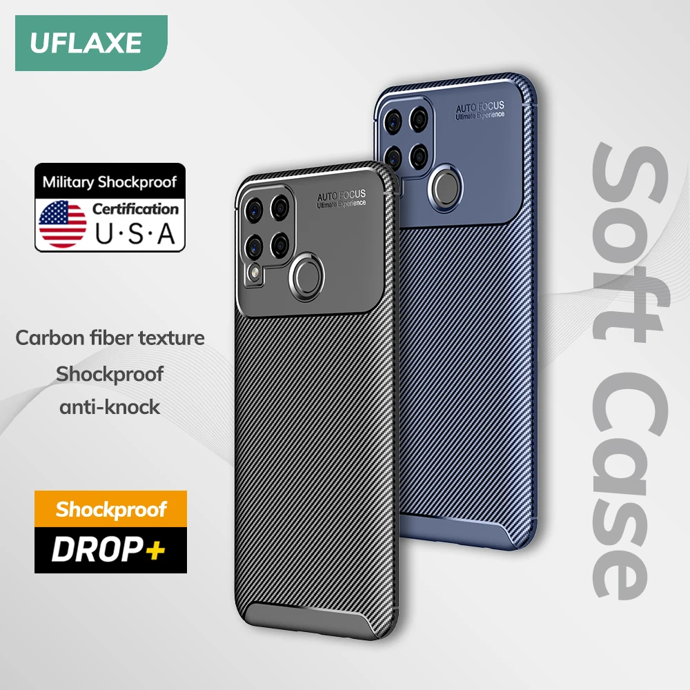 UFLAXE Original Shockproof Soft Silicone Case for Realme C11 2021 C12 C15 C17 Carbon Fiber Back Cover Casing