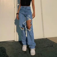 2022 summer street shooting hot girl hole high waist washed old jeans early autumn new personality loose and thin trousers women