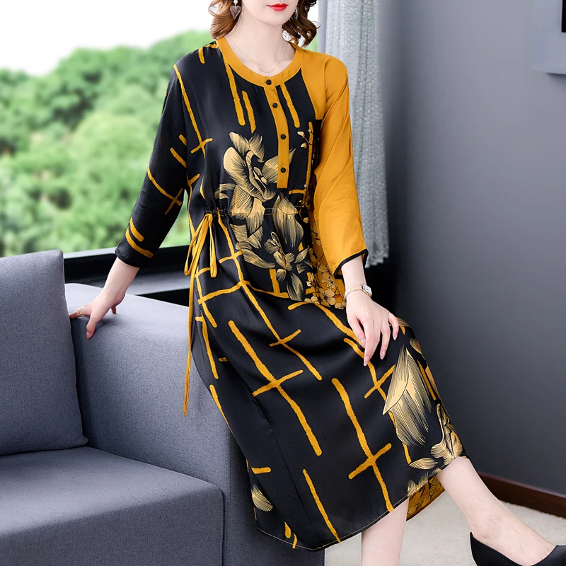 

Женское платье-миди из шелка тутового шелкопряда, с длинным рукавом