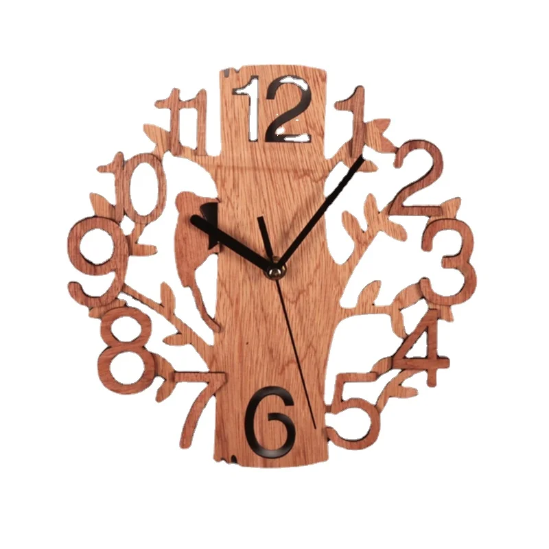 

3D Wall Clock 23cm Dia Creative Tree Shaped with Bird Wooden Wall Clock Home Kitchen Office Decoration Number Silent Clock