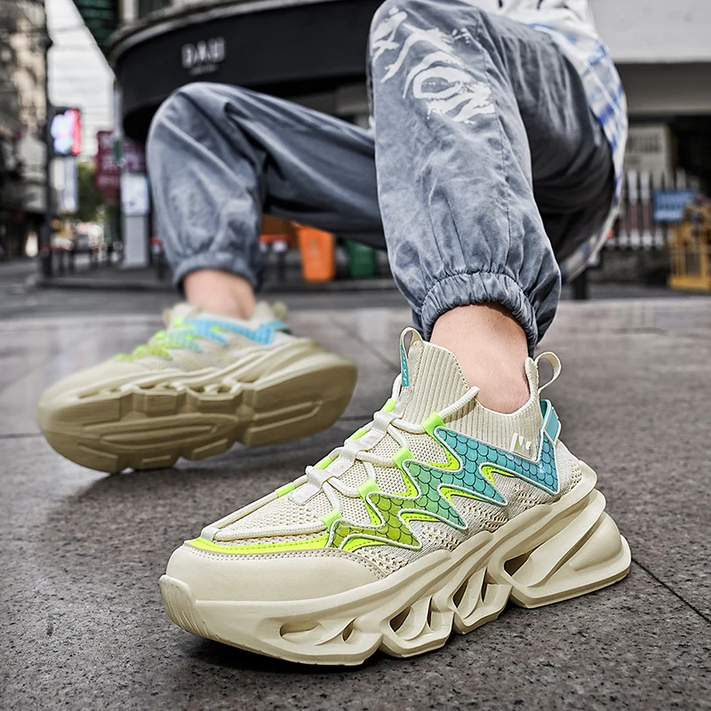 Fashion Knit Blade Lace-up Running Shoes Men Summer Breathable Casual Sneakers For Men Comfortable Anti-slip Men's Sports Shoes