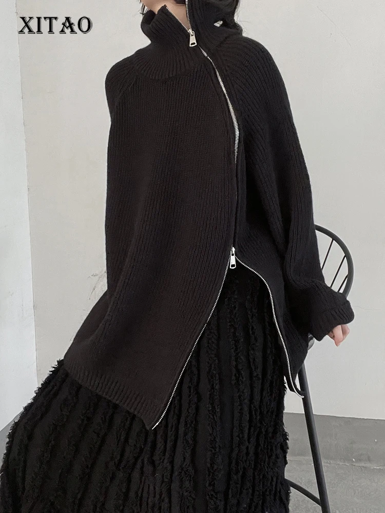 

XITAO Casual Knitting Sweater Fashion Zipper Splicing Decorate Turtleneck Women Solid Color Loose Simplicity Top SMH1302