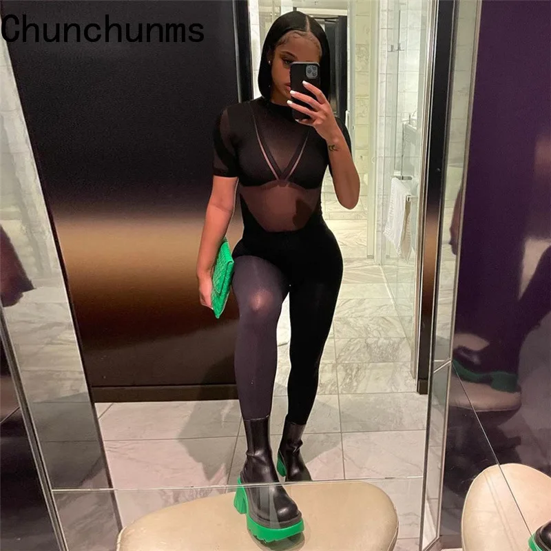 

2022 Sexy Woman Mesh Perspective Splicing Jumpsuits Fashion High Waist Tight Sport Romper Club Night Short Sleeve Bodycon Outfit